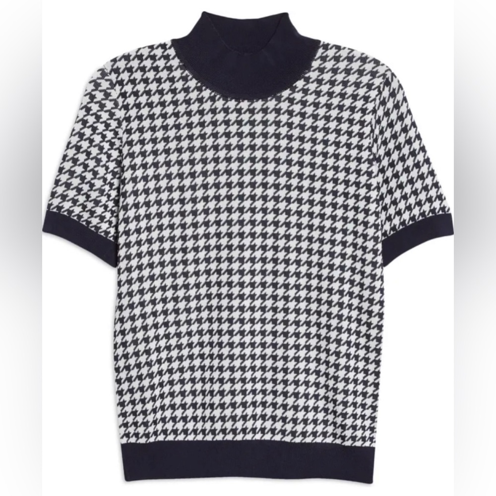 BOSS Freya navy-white houndstooth mock neck short sleeve sweater size XL